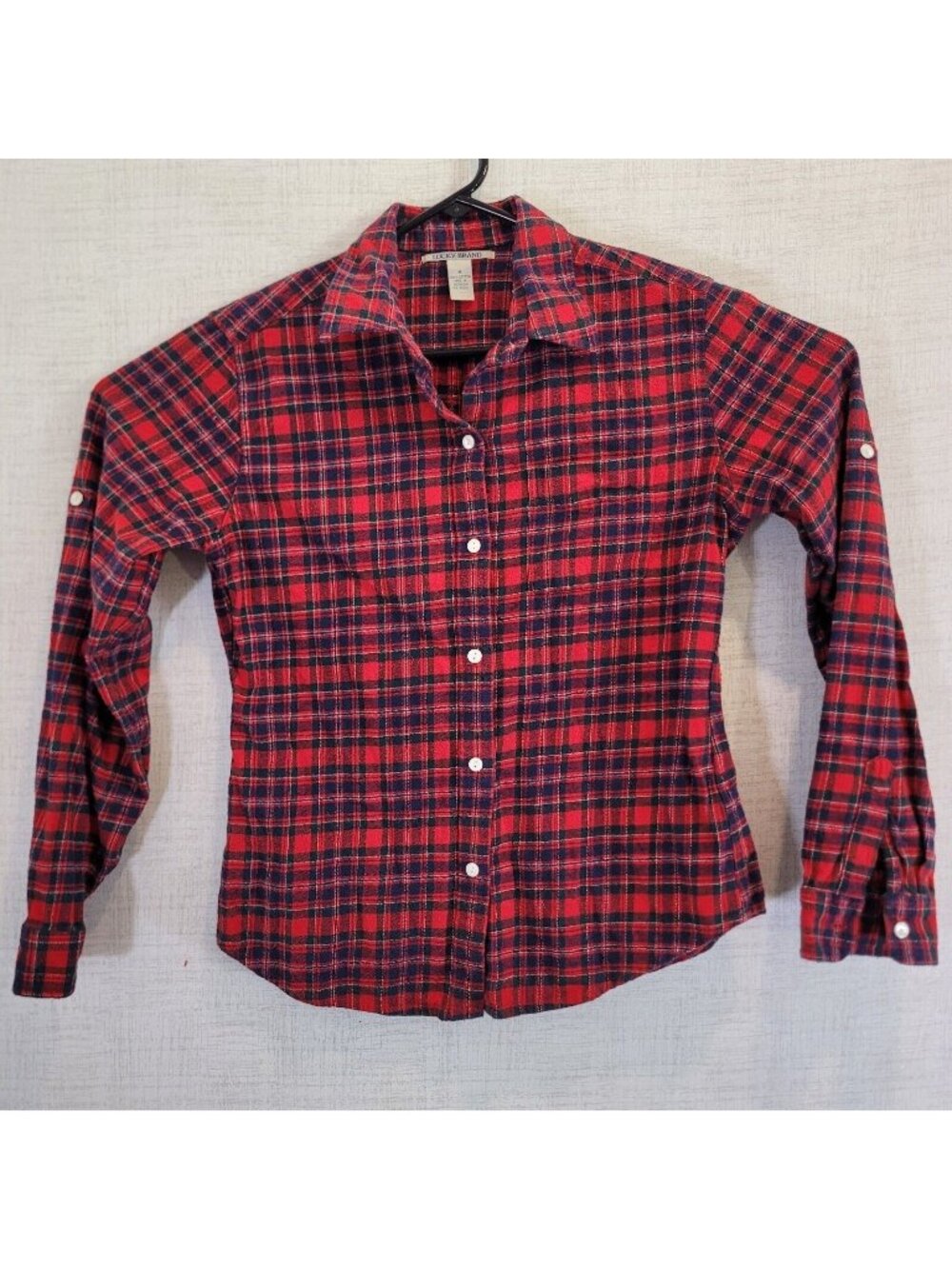 Lucky Brand Button Up Shirt Womens Medium Red Plaid Long Sleeve Cotton Top